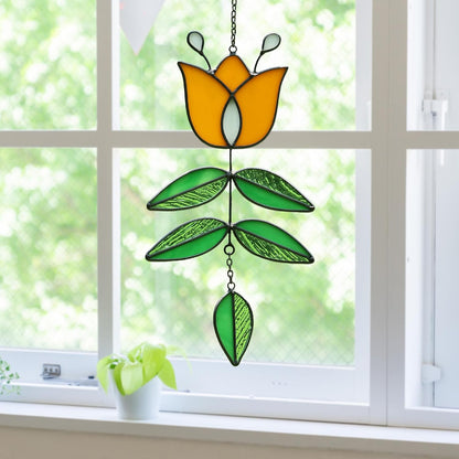 Tulip Stained Glass Suncatcher, Folk Flower Stained Glass Window Hanging Sun Catcher, Retro Home