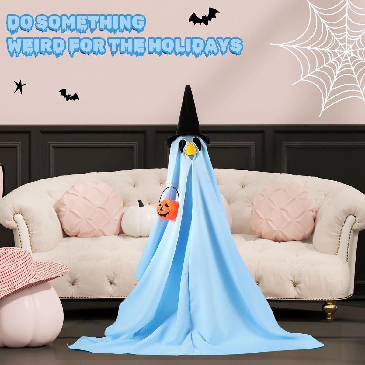 Halloween Porch Goose Outfit Ghost Lawn Goose Clothes with Pumpkin Bag for 23" Disco Plastic/Cement