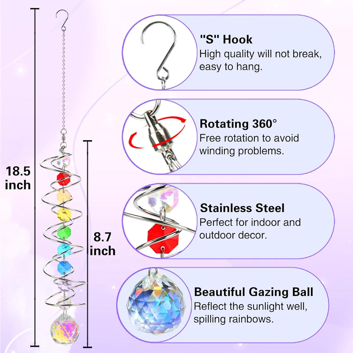 Suncatcher Wind Spinner Gazing Ball Spiral Tail, Crystal Sun Catchers with Seven Chakra Beads