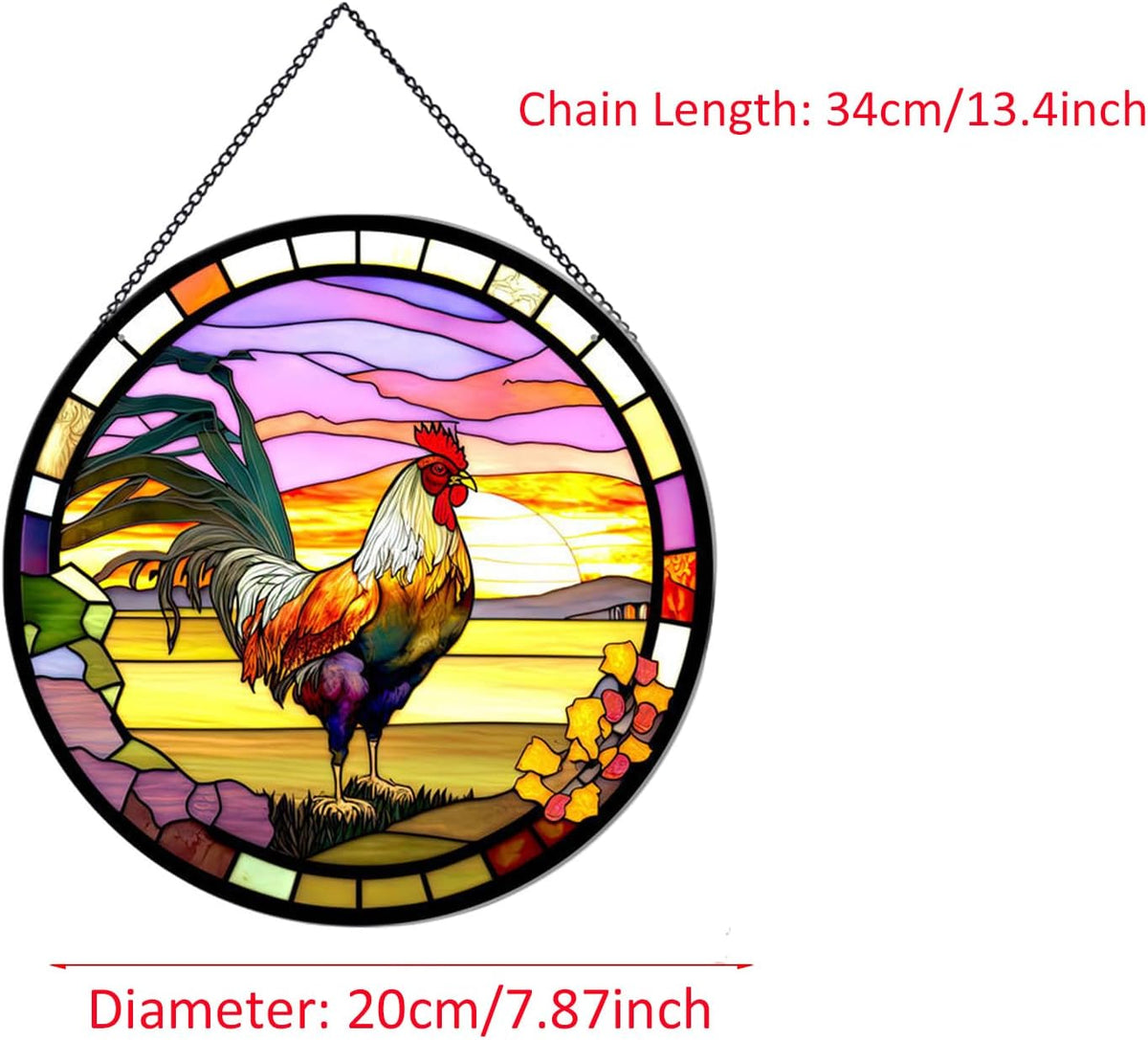 Rooster Hanging Stained Glass Sun Catcher,20cm/7.87inch Hand-Painted Sun Catcher Garden Hangings
