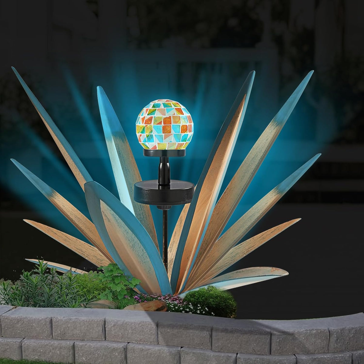 TOMBABY Solar Rustic Garden Style Metal Agave Plants Outdoor Patio, Home Decor Hand-Painted Metal