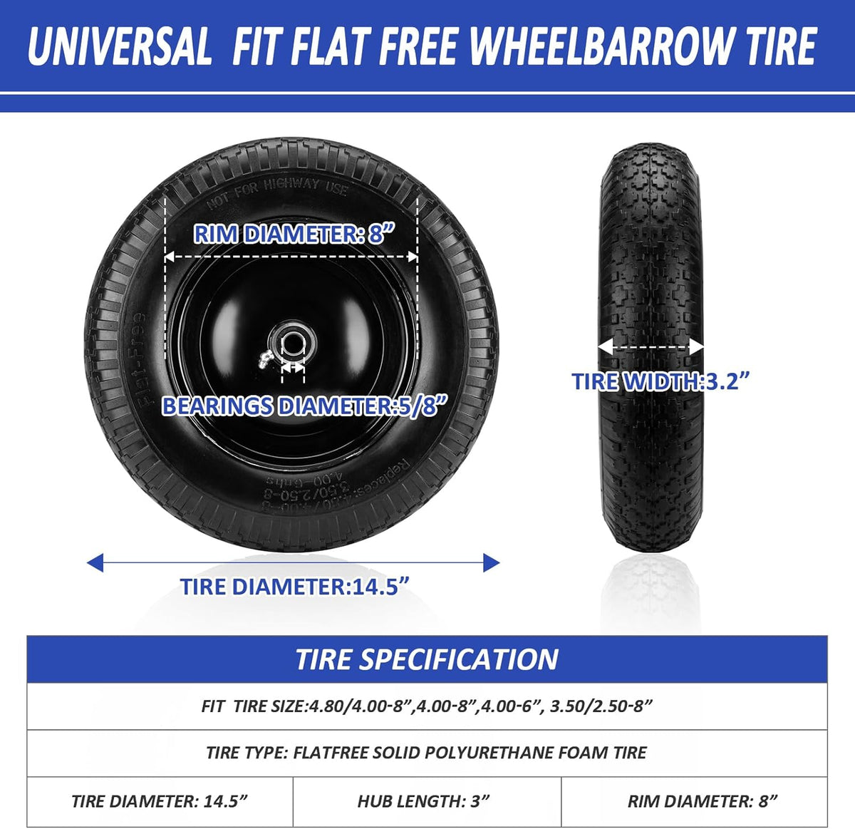 4.80/4.00-8" Flat Free Tire and Wheel 14.5" Wheelbarrow Tire,with 5/8" Axle Bore Hole,3"Center Hub