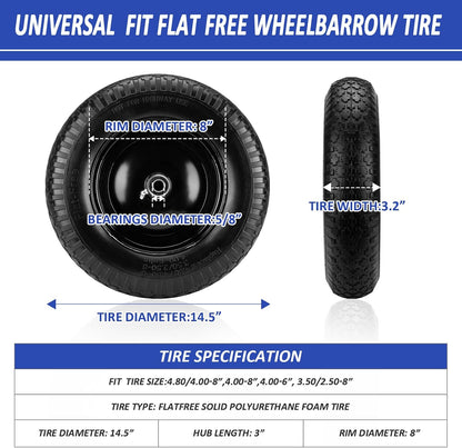 4.80/4.00-8" Flat Free Wheelbarrow Tire, 14.5" Wheel Size, 5/8" Axle Bore, 3" Center Hub, 3/4"