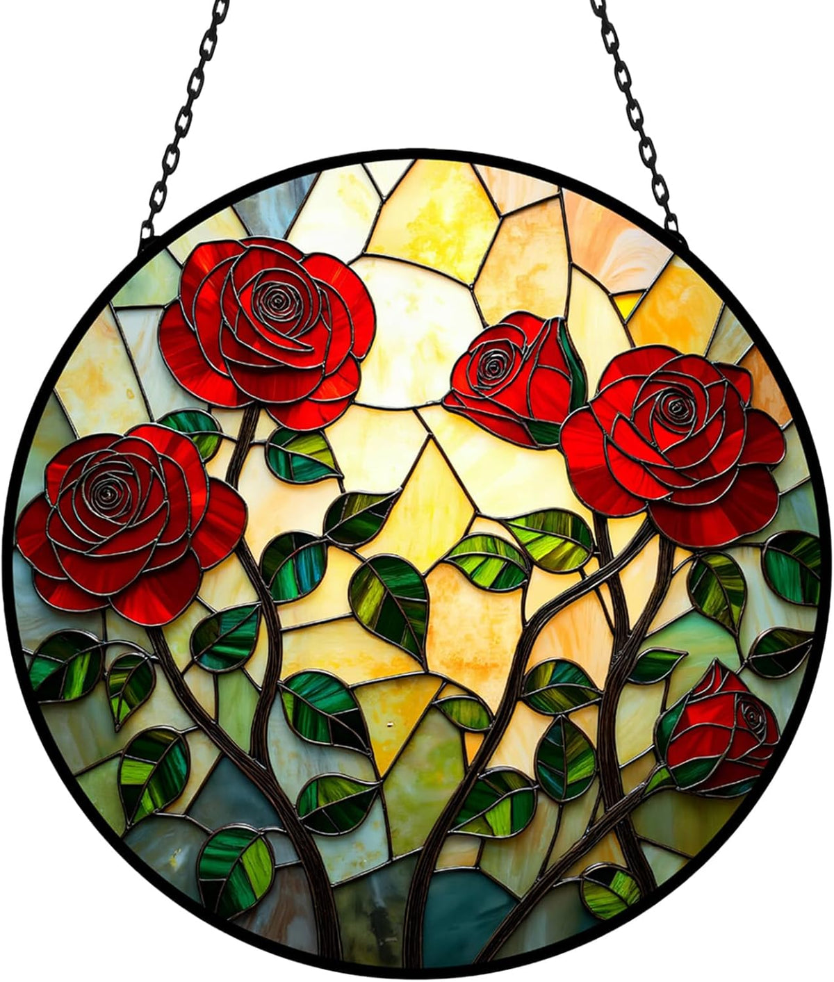 Floral Stained Glass Window Hanging - Rose Design Handmade Suncatcher, Luyseyha 8 Inch Sun Catcher
