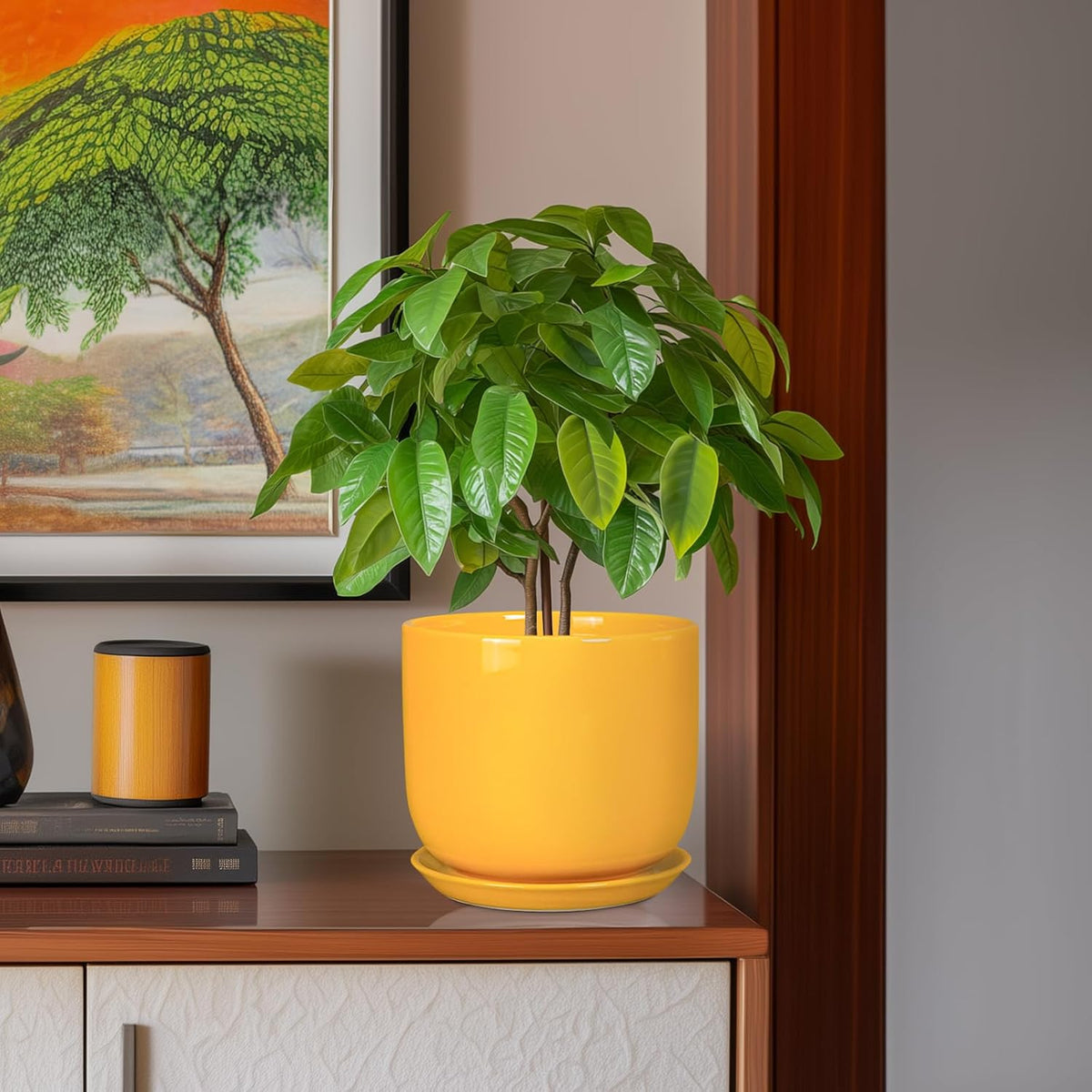 Ceramic Plant Pot 8 Inch - Decorative Modern Round Indoor Planter for Plants Flowers with Drainage