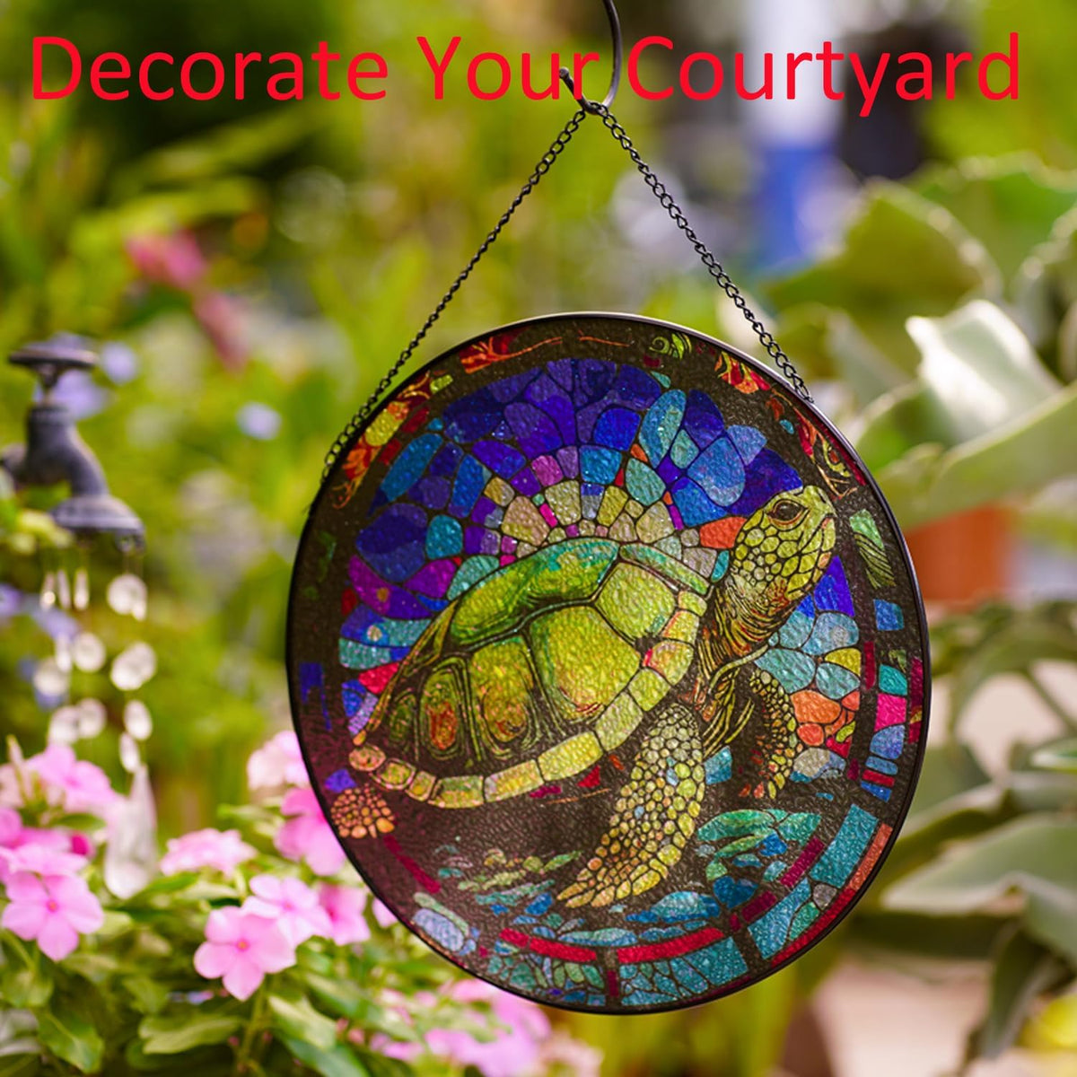 Hanging Stained Glass for Windows,20cm/7.87 inch Turtle Hand-Painted Glass Panel Window Hanging