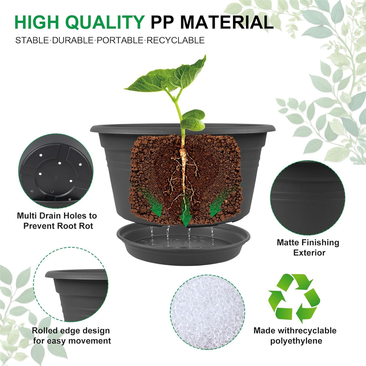 Large Flower Pots Set of 4 Pack 13 inch, Plant Pots Outdoor Planters with Drainage Hole & Tray