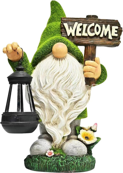 Garden Gnome Statue Outdoor Decor Large Flocked Resin Gnome Figurine with Solar Light Holding
