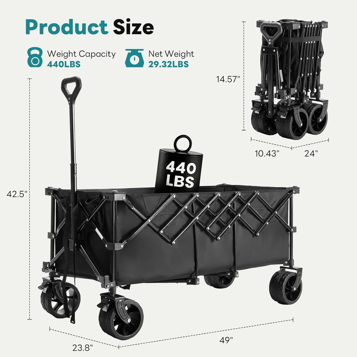 OLIXIS Collapsible Wagon Cart - 440lbs Foldable Extra Long Heavy Duty Utility Wagon with Wheels