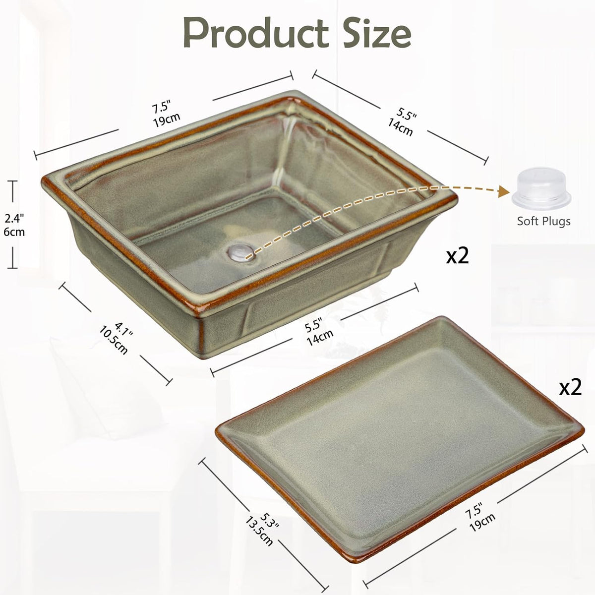 Ceramic Bonsai Pots with Drainage Tray, Set of 2 Rectangular Glazed Bonsai Planters for