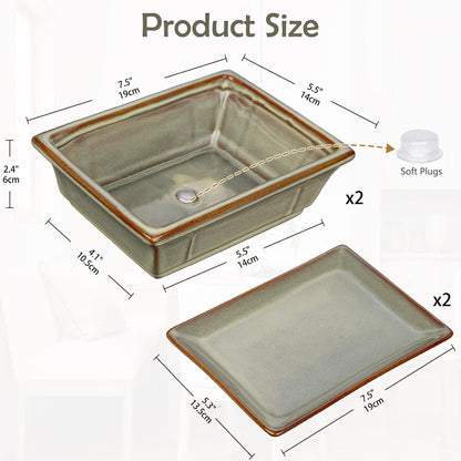Ceramic Bonsai Pots with Drainage Tray, Set of 2 Rectangular Glazed Bonsai Planters for