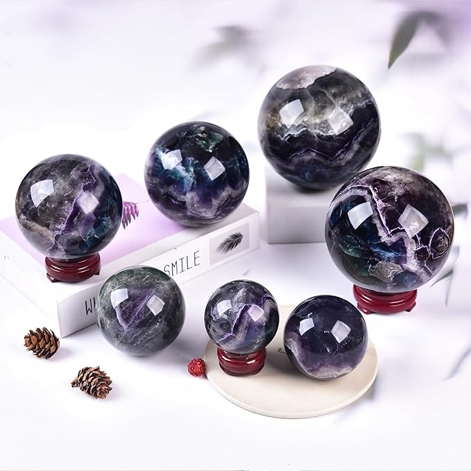 JIC Gem Large Colorful Fluorite Crystal Sphere Ball with Wooden Stand Fluorite Healing Decorative