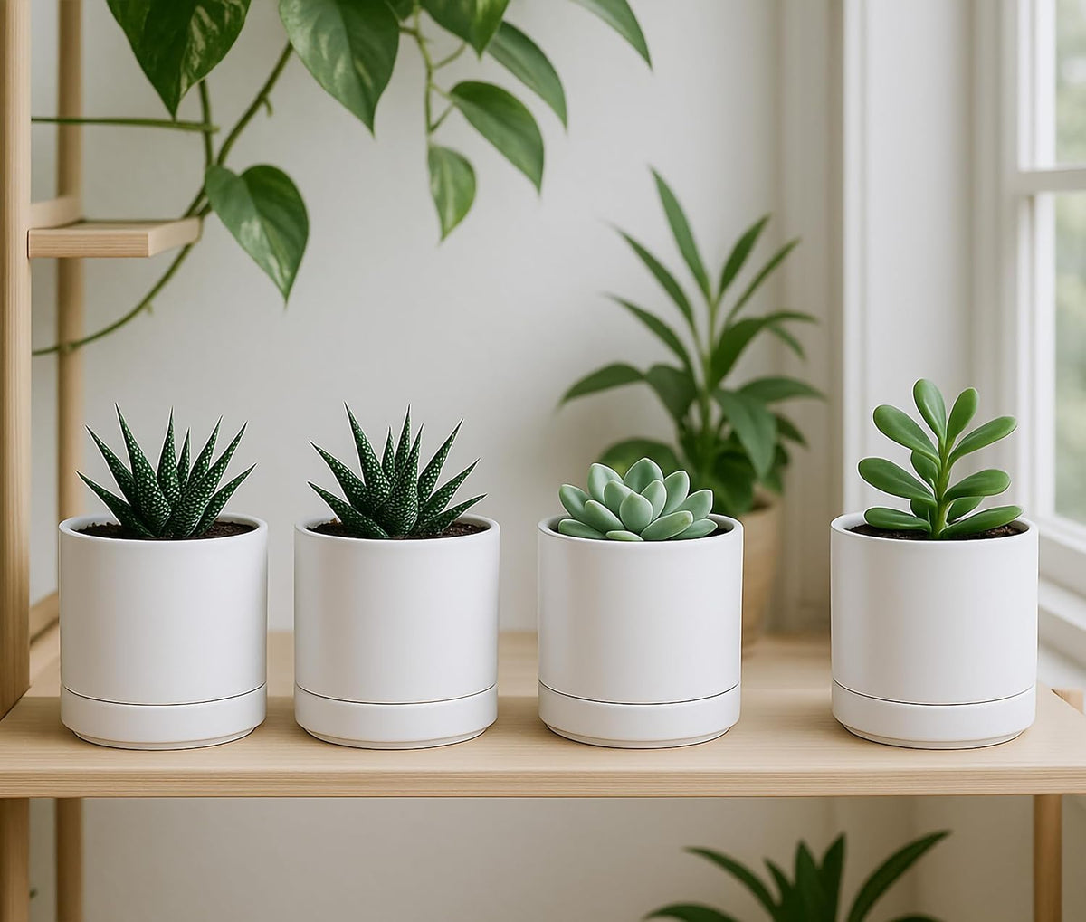 D'vine Dev Set of 4 Small Ceramic Plant Pots, 4.7 Inch Succulent Planter Pot for Plants with