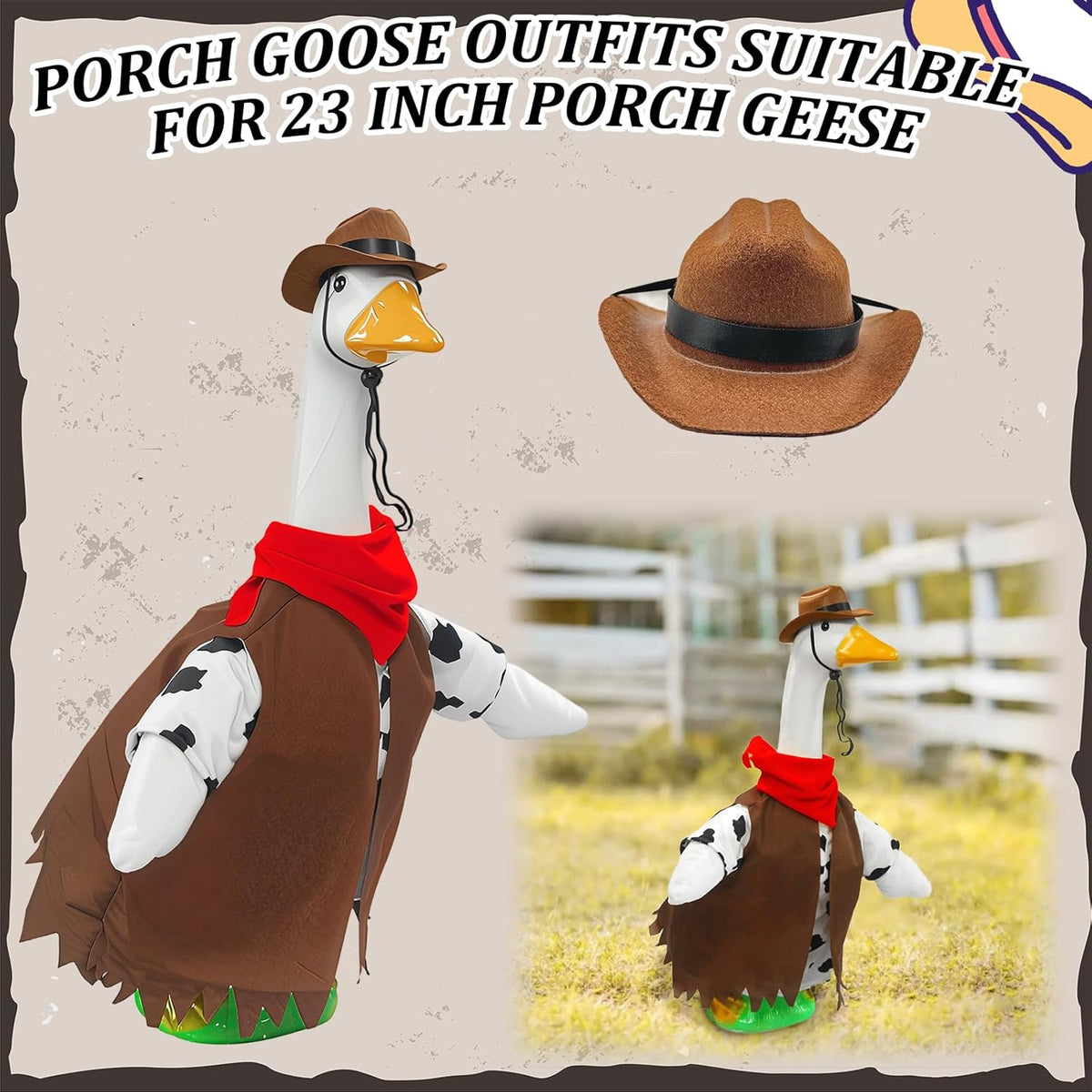 Porch Goose Outfits for 23” High Plastic Goose Cowboy Outfits Clothes for Cement Goose for Indoor