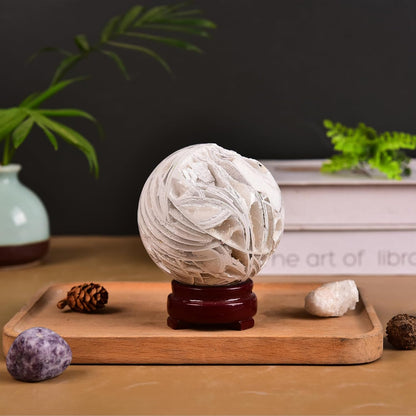 JIC Gem Natural Mexican White Agate Crystal Sphere Crystal Decorative Ball with Wooden Stand