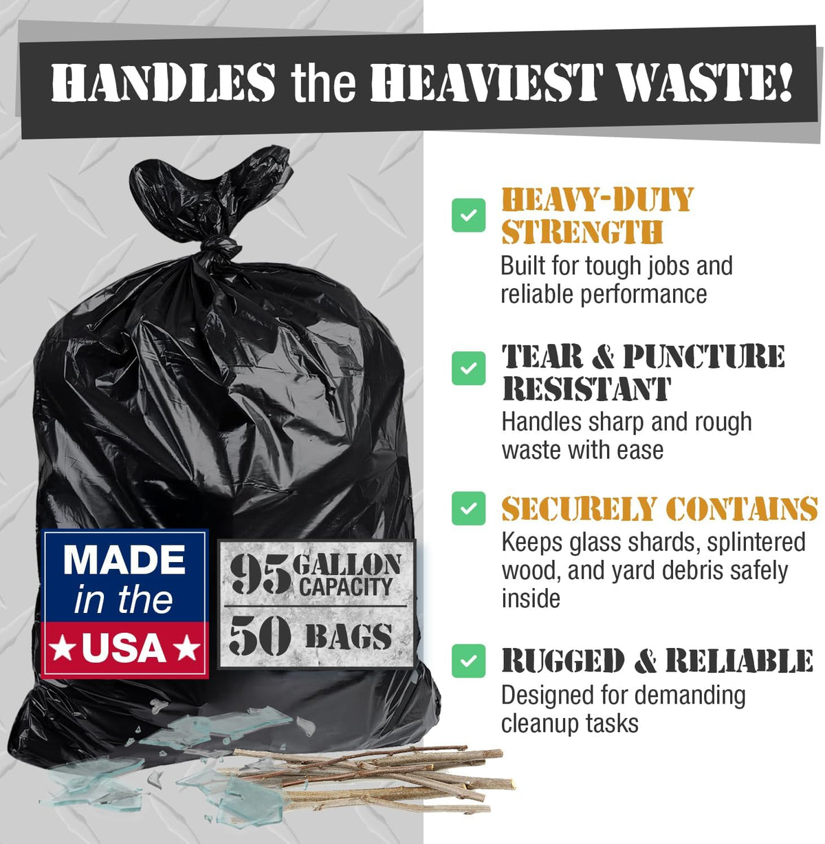 95-96 Gallon Extra-Large Black Garbage Can Liners, Heavy-Duty Trash Bags, 50 Bags, 1.5 Mil Thick