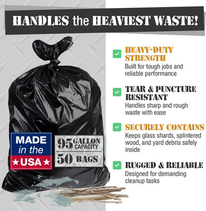 95-96 Gallon Extra-Large Black Garbage Can Liners, Heavy-Duty Trash Bags, 50 Bags, 1.5 Mil Thick
