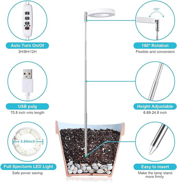 Halo Ring Grow Lights for Small Indoor Plants, Warm+White 48LEDs Full Spectrum Plant Light, Height