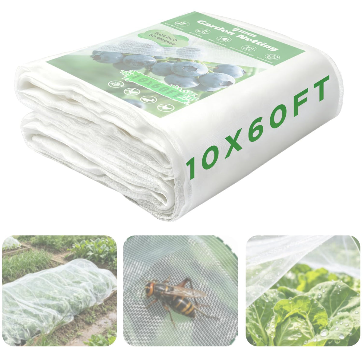 10 X 60FT Garden Mesh Netting Ultra Fine Mesh Netting Pest Barrier, Insect Bug Bird Netting for