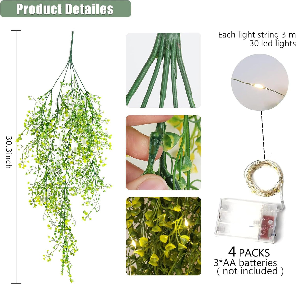 RECUTMS 4Pcs Artificial Hanging Ferns Plants with 30 Lights Fake Ivy Vine Faux Greenery Garland for