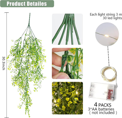 RECUTMS 4Pcs Artificial Hanging Ferns Plants with 30 Lights Fake Ivy Vine Faux Greenery Garland for