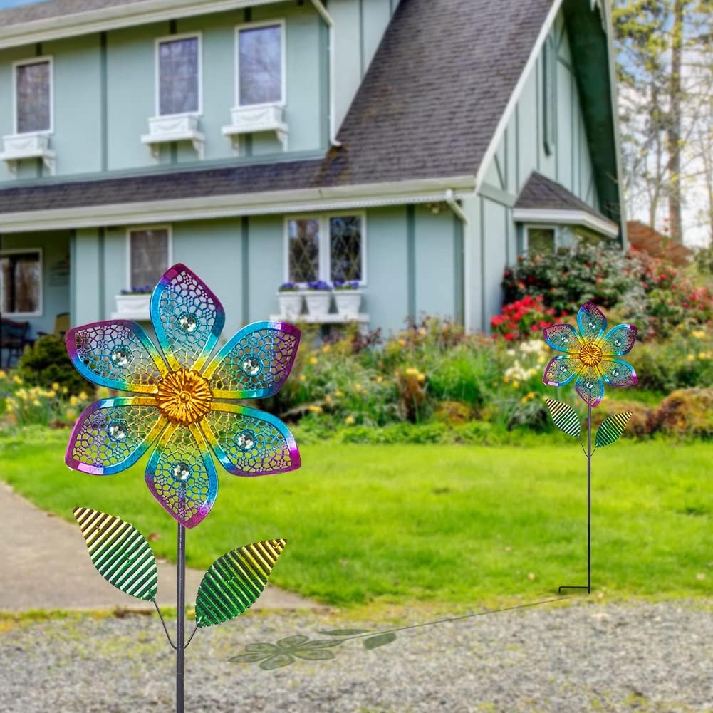 Wind Spinner with Metal Stake, Outdoor Garden Pinwheels Spinners Hollow-Out Flower Shape Design for