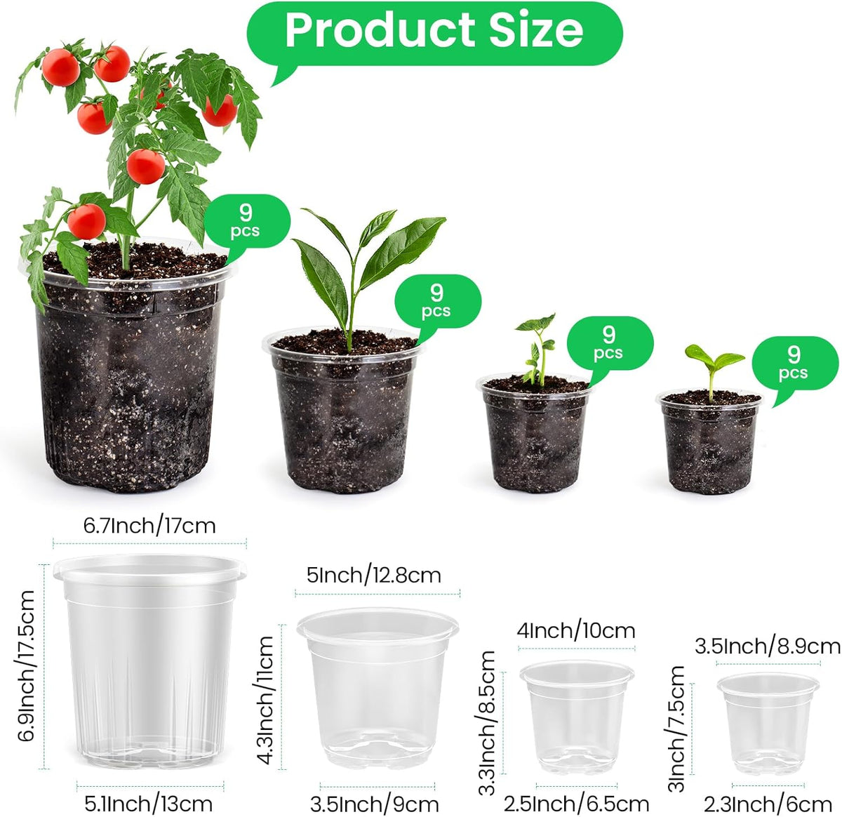 36 Packs 6.7/5/4/3.5 Inch Reinforced Clear Nursery Pots with Drainage Hole, Transparent Variety