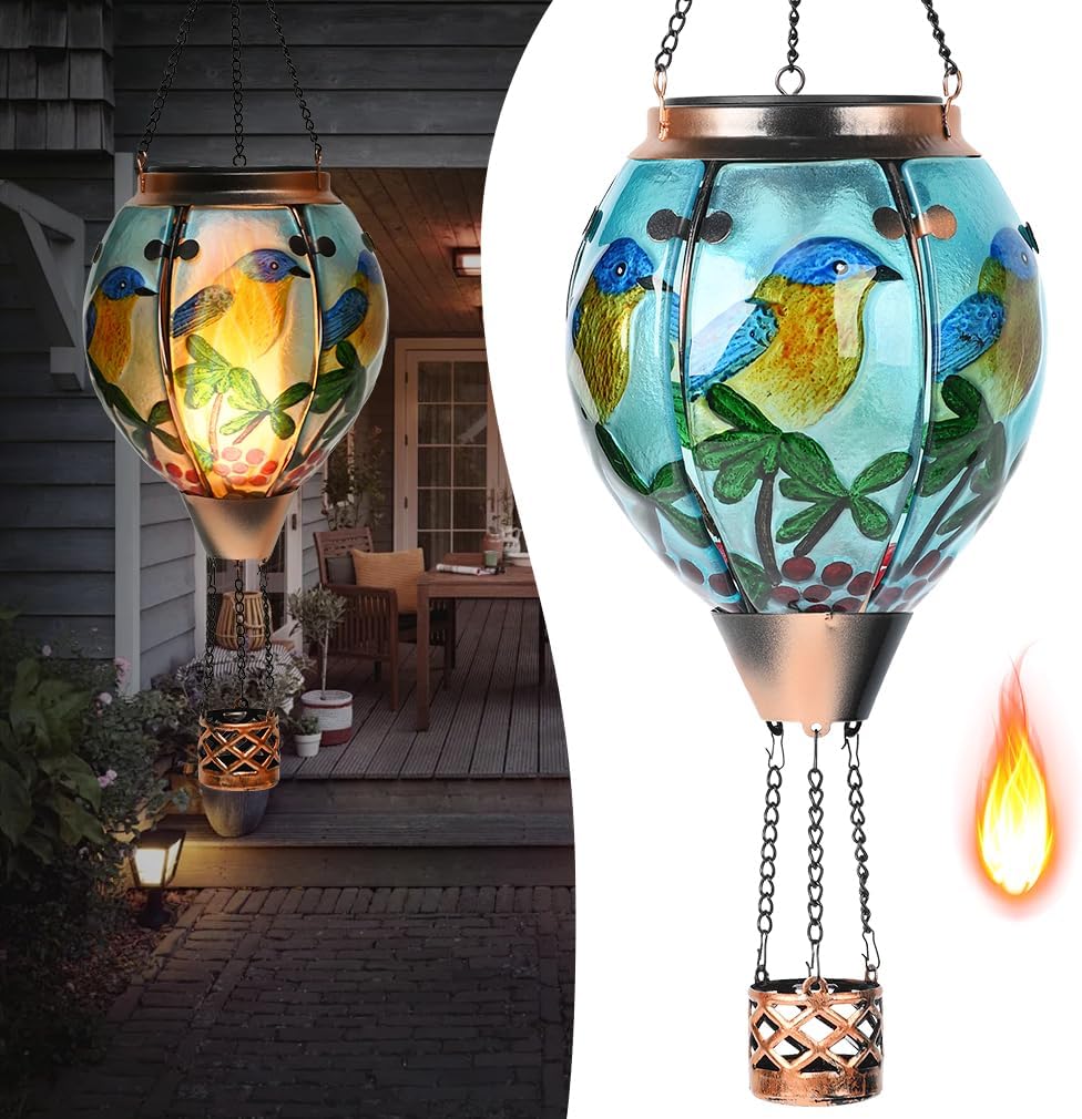 Hot Air Balloon Solar Lantern - Bluebird Glass Lantern, Simulated Flickering & Dancing Flame