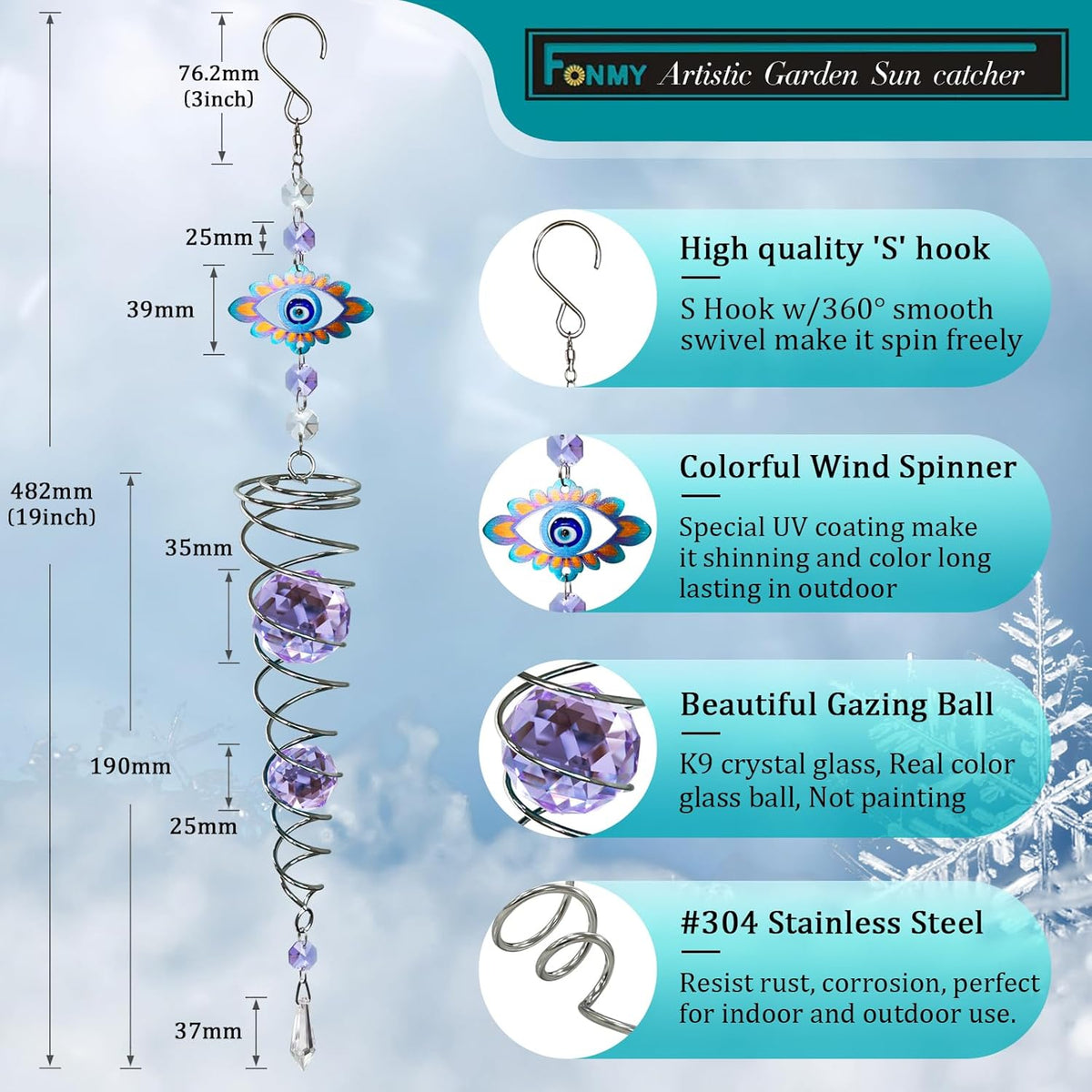 FONMY Evil Eye Gazing Ball Spiral Tail Wind Spinner Sun Catcher Rainbow Maker Silver Spiral