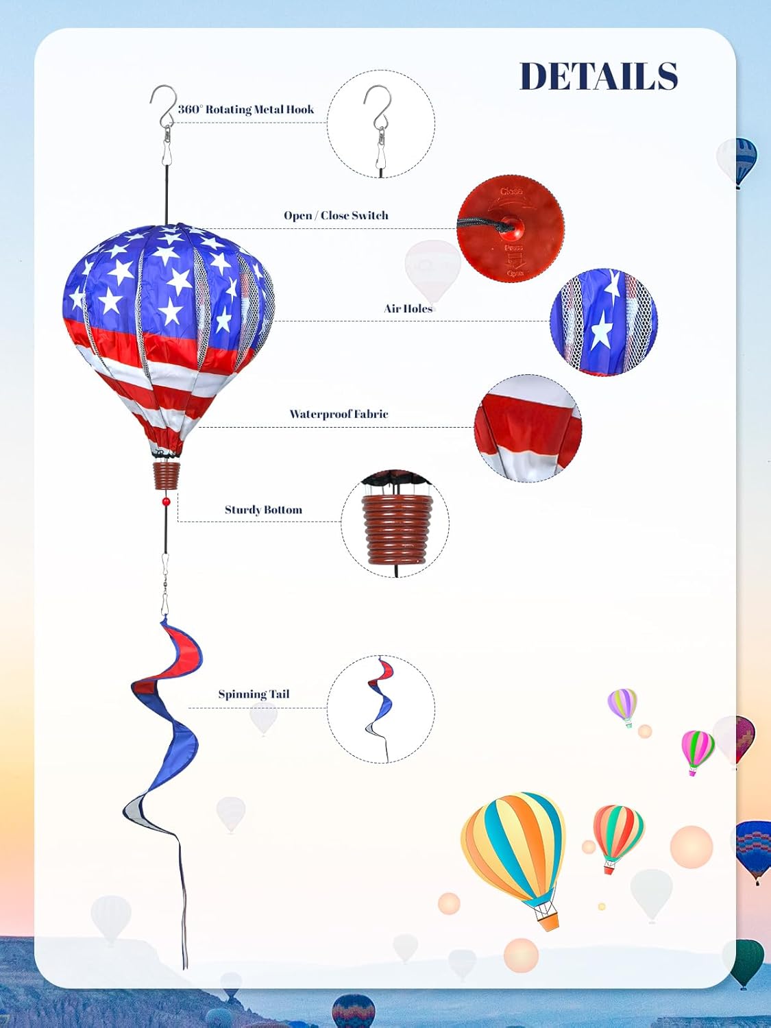 2PCS Giant Patriotic Hot Air Balloon Wind Spinners 14" W x 59" H Large American Whirligig Wind