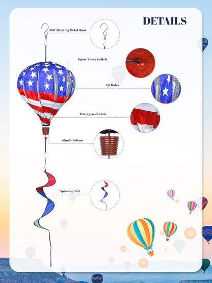 2PCS Giant Patriotic Hot Air Balloon Wind Spinners 14" W x 59" H Large American Whirligig Wind