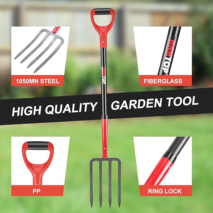 4-Tine Heavy Duty Pitchfork Digging Fork Garden Fork Pitch Forks with Fiberglass Handle for