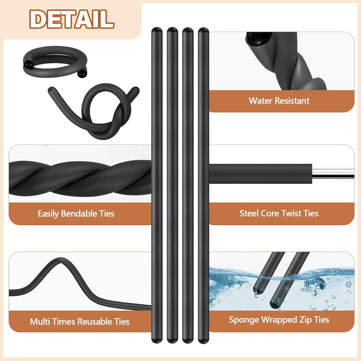 20 Pcs 17 Inch EVA Foam Twist Rubber Ties Reusable Bendable Cable Tie Straps Flexible Heavy Duty