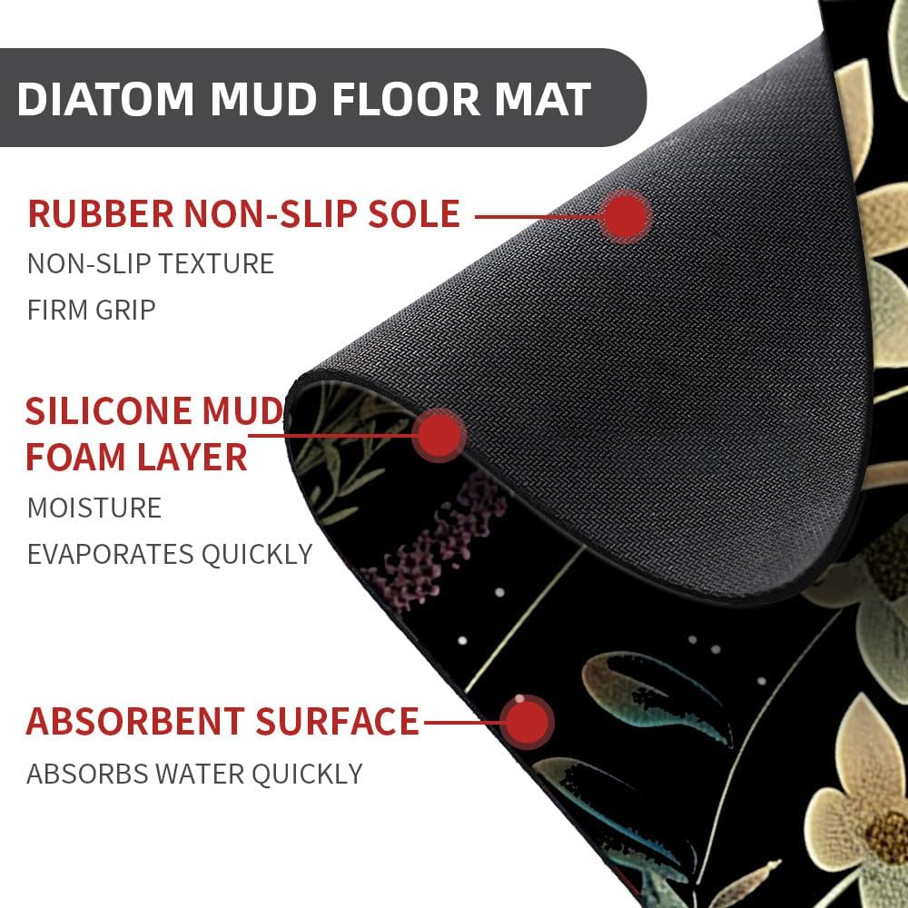 Bath Mat-Bathroom Rug，Moon Surrounded by Wildflowers-Absorbent Non Slip Quick Dry Stain Resistant