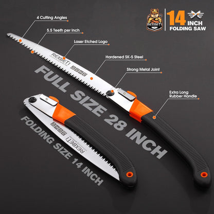 REXBETI Folding Saw, 14 Inch Blade for Dry Wood Trimming and Pruning, 4 Cutting Angles, SK-5 Steel
