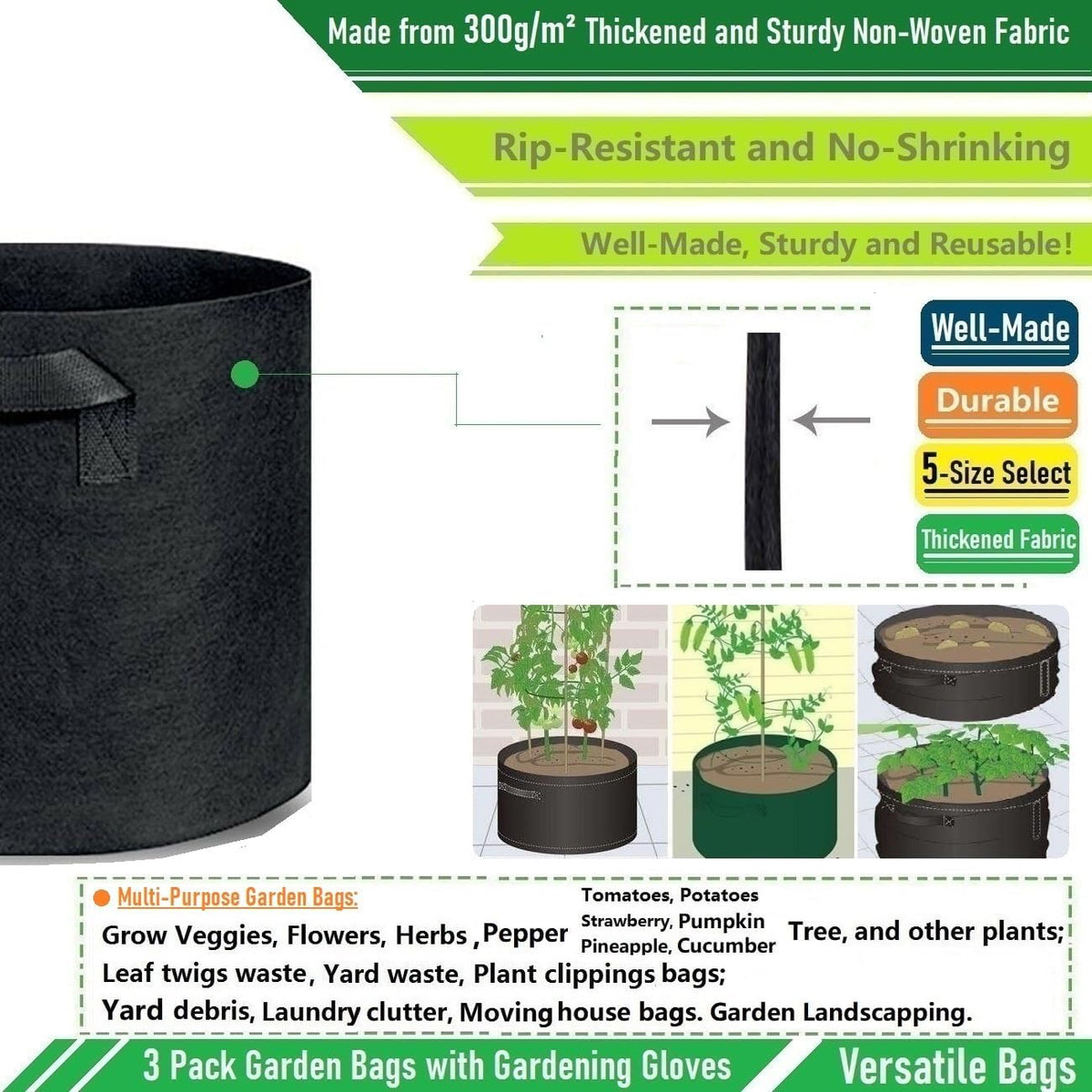 3-Pack 40 Gallon Thickened Plant Grow Bags Large (28x16 in) Heavy Duty Garden Bag Fabric Plant Pots