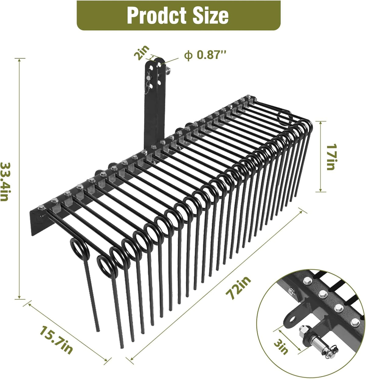 GAOMON 72 Inch Pine Straw Rake, 30 Coil Spring Tines Durable Powder Coated Steel Tow Behind