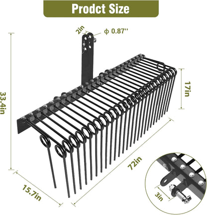 GAOMON 72 Inch Pine Straw Rake, 30 Coil Spring Tines Durable Powder Coated Steel Tow Behind