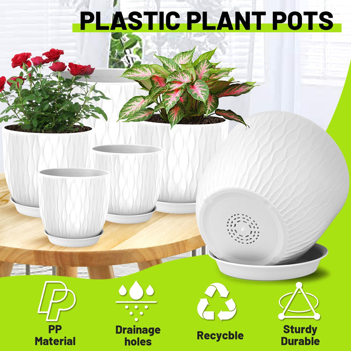 LESOASIS Plastic Plant Pots 10/9/8/7.5/7 inch Set of 5, Flower Planters with Drainage Holes and