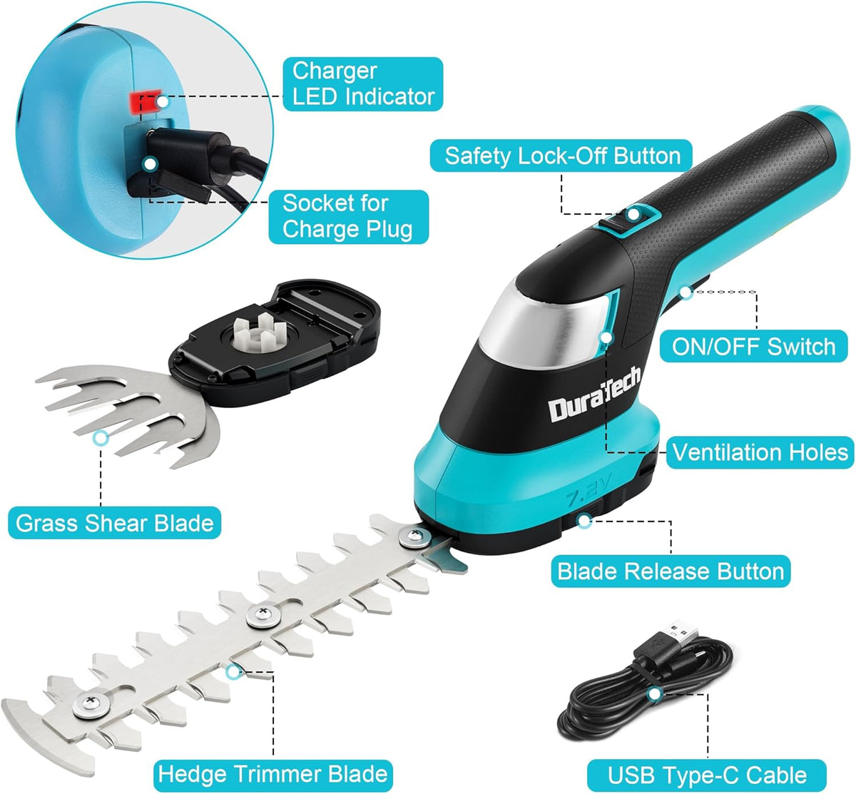 DURATECH Cordless Hedge Trimmer, 7.2V 2-in-1 Handheld Rechargeable Grass Trimmer & Hedge Shears