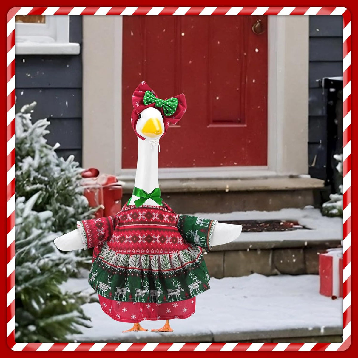 Christmas Porch Goose Outfits for 23 Inch Lawn Statue, Ugly Sweater Costume for Plastic/Cement