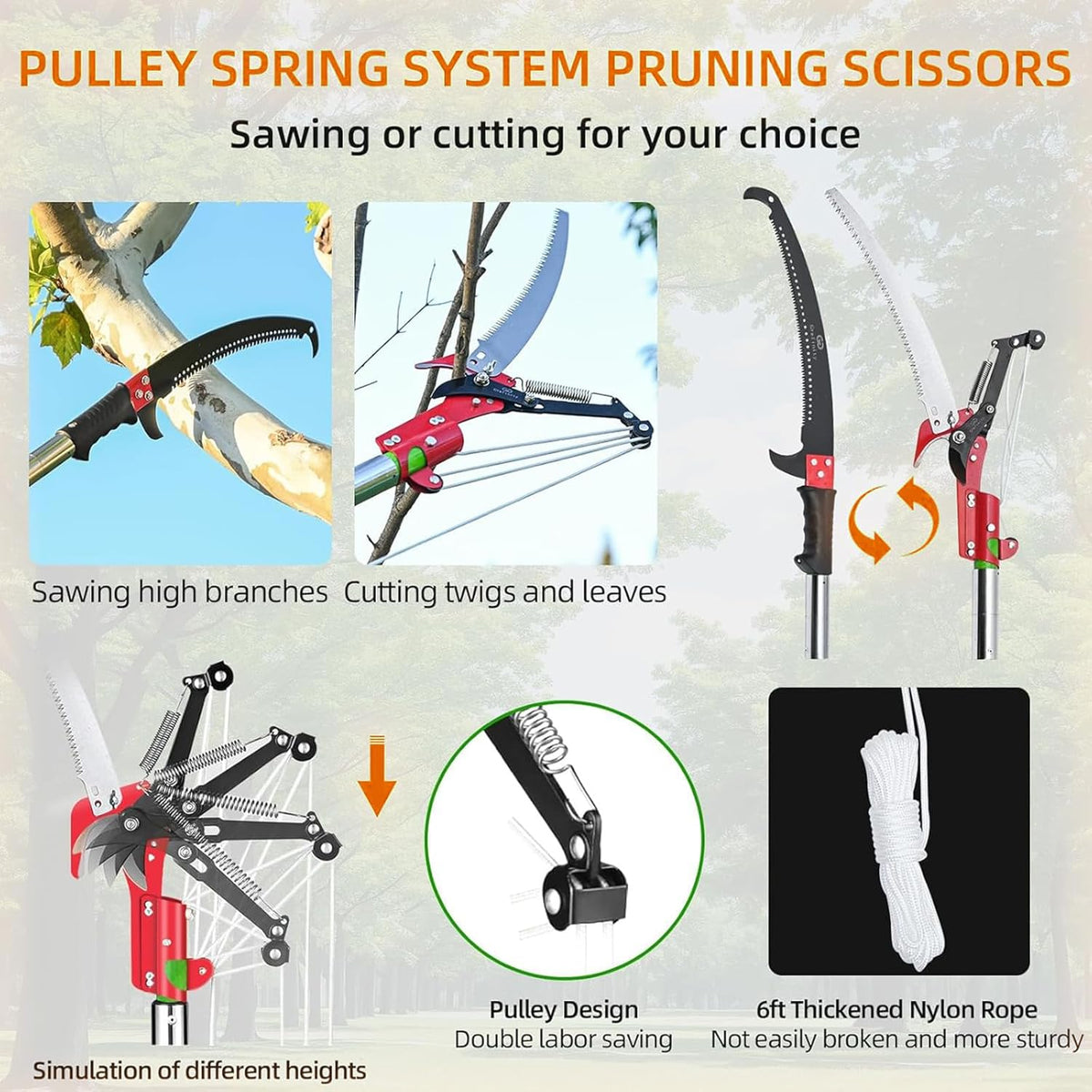 27FT Manual Pole Saw, Tree Branch Trimmer with 8-Section Fiberglass Handle, Sharp Steel Blade and