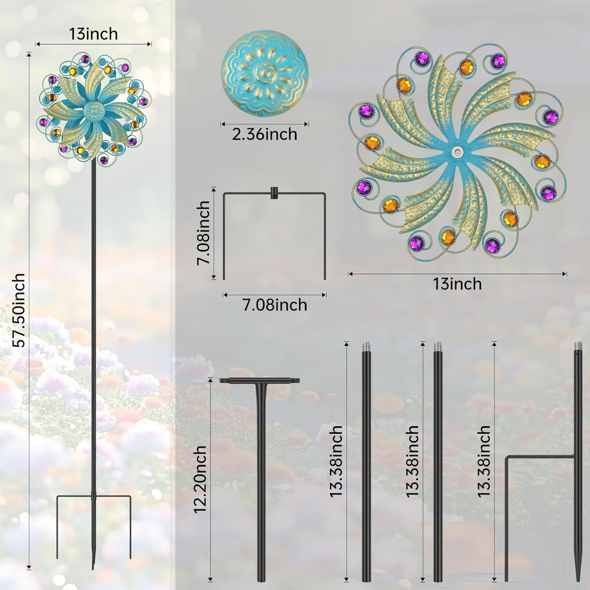 Metal Wind Spinners Outdoor, Golden Kinetic Wind Sculpture Garden Pinwheels with Metal Stake, Yard
