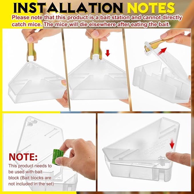Qualirey 2 Pcs Mice Station with Key Triangle Bait Station Reusable Rodent Trap Bait Box, Keeps
