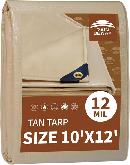 RAINDEWAY 10x12 Feet Heavy Duty Tarp,12 Mil Tan Waterproof Poly Tarp Cover,UV
