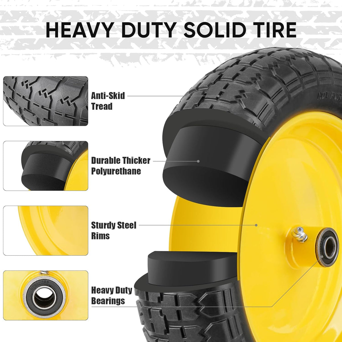 TICONN 4.80/4.00-8 Tire, 14.5" Flat Free Wheelbarrow Tire and Wheel, Solid Replacement Tires, 5/8"