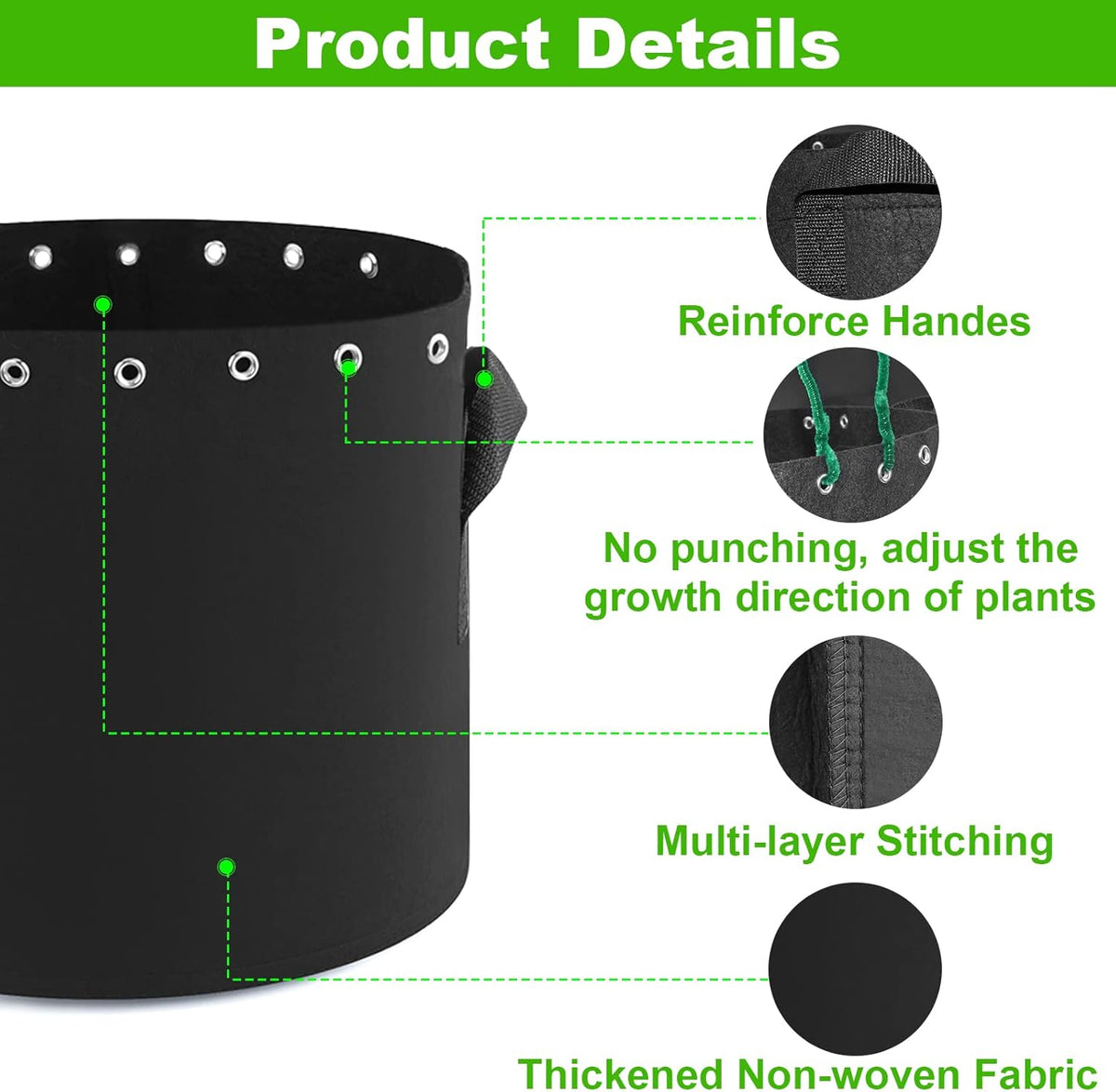 10 Gallon Plant Grow Bags 5-Packs with Holes,Thichkened Non-Woven Aeration Fabric Pots with Handles