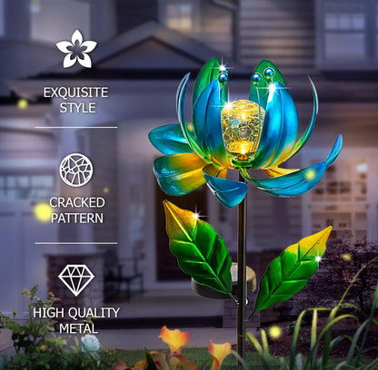 Solar Yard Lights Wind Spinners- Metal Lotus Flower Garden Decor LED Crackle Glass Globe Yard Art