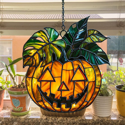 Monstera Jack-o'-Lantern Acrylic Suncatcher Stained Glass Effect Window Car Hanging Christmas