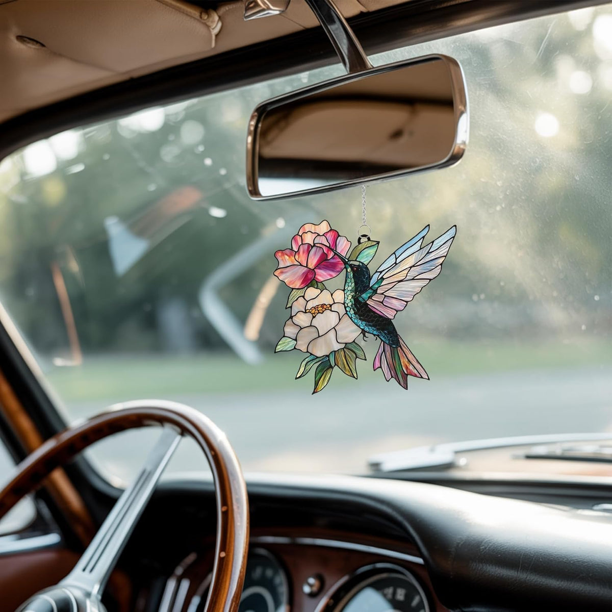 Hummingbird and Peony Acrylic Suncatcher Stained Glass Effect Window Car Hanging Christmas Ornament